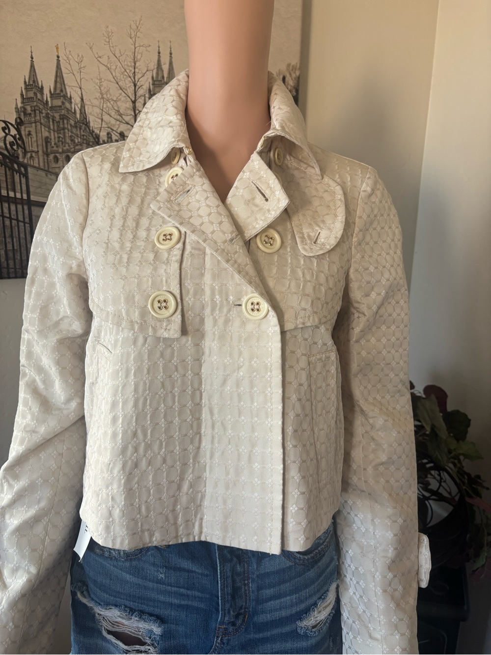 BCBGMaxAzria Cream Textured Double-Breasted Pea Coat